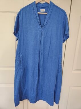 Poetry V-Neck Short Sleeve Blue Linen Dress